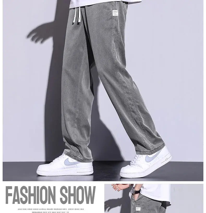 Soft Lyocell fabric men's jeans loose straight leg pants drawstring elastic waist Korean casual pants plus size M-5XL