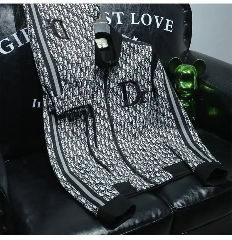 Fashion trend casual suit high-end men's long-sleeved splicing full print sports two-piece set