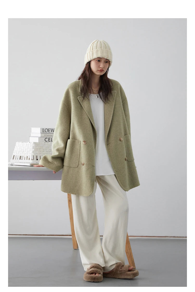 Women’s Double-Breasted Wool Coat – Loose Retro Office Style