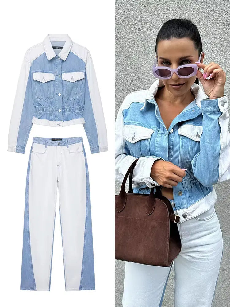 vintage denim women's outfit with a long-sleeve coat and wide-leg jeans