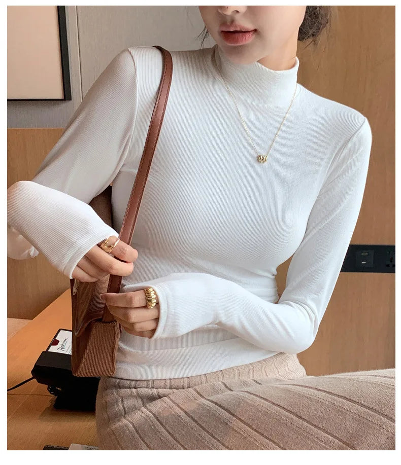 Women's knitted half-turtleneck sweater, slim fit, long sleeves, casual thermal knit top, Korean fashion