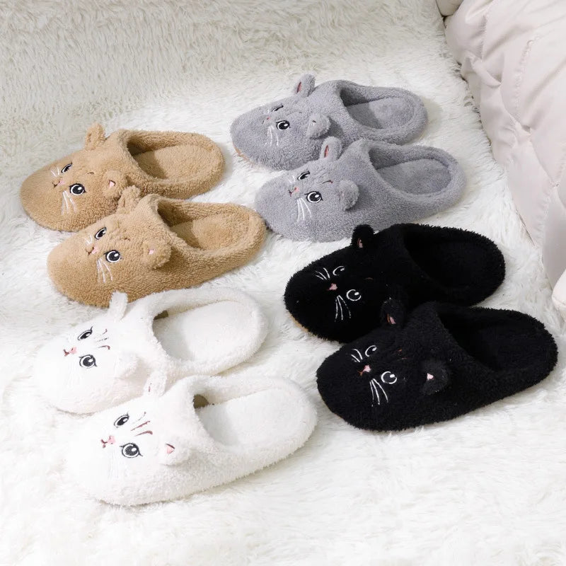 Cute Plush Cat Indoor Slippers – Women’s Non-Slip, Soft Sole, Warm Winter House Shoes