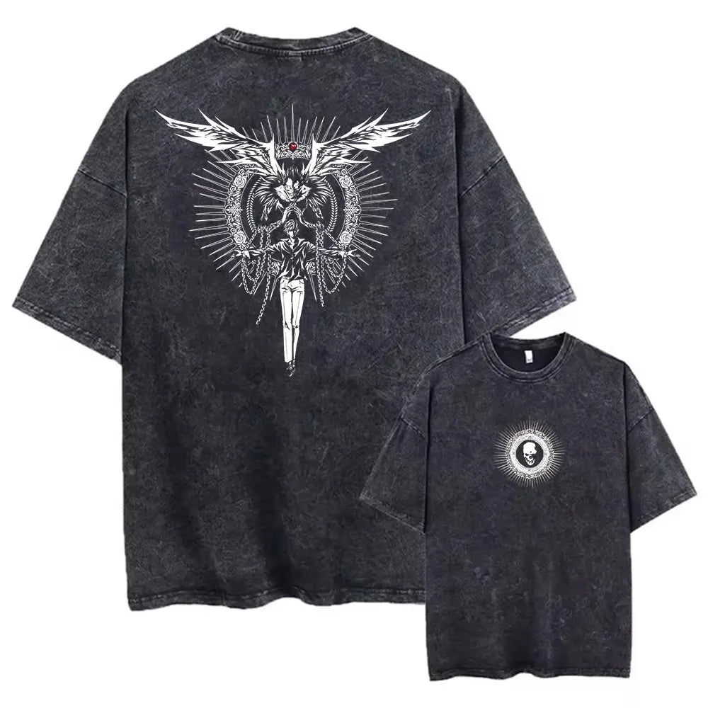 Harajuku Vintage Washed T-Shirt with Death Note Anime Graphic, Oversized Cotton Streetwear for Men and Women