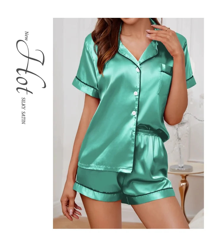 Women’s Satin Pajama Set – 2-Piece Button-Down Top & Shorts Sleepwear