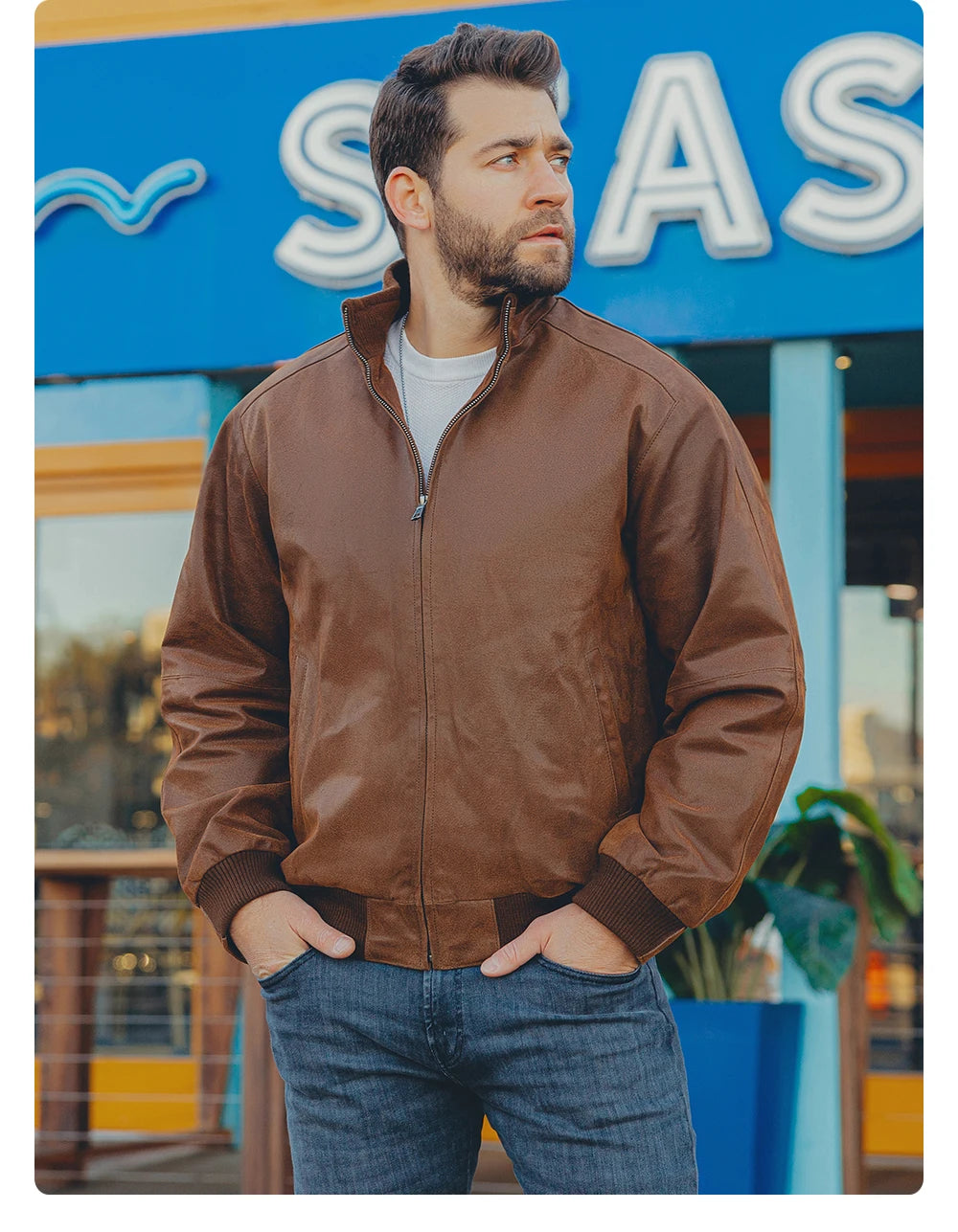 FLAVOR Men's Real Pigskin Leather Bomber Casual Jacket Stand Collar Leather Coat