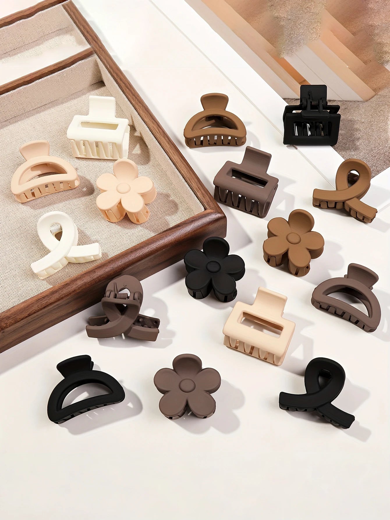 5-Piece Small Flower Hair Claw Clips – Matte Rectangle & Semicircle for Women & Girls