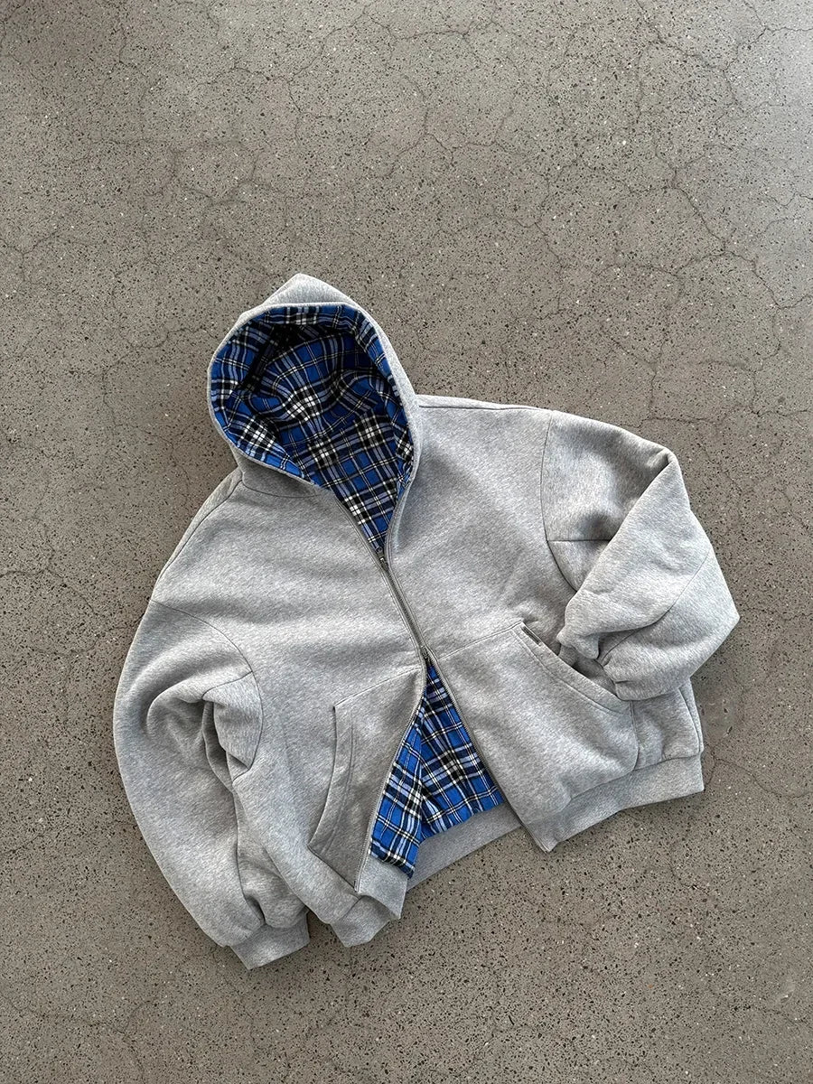 Men's Retro Zipper Hoodie with Blue Stripes and Plaid, 90s Hip Hop Style, Loose Gray Cotton Sweatshirt