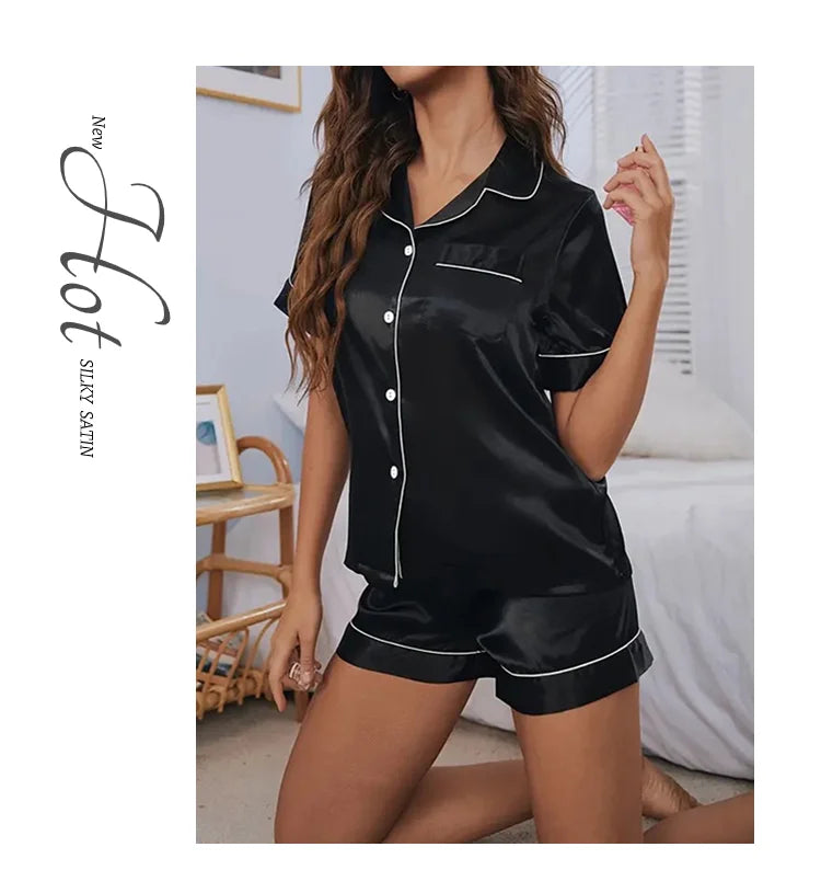 Women’s Satin Pajama Set – 2-Piece Button-Down Top & Shorts Sleepwear
