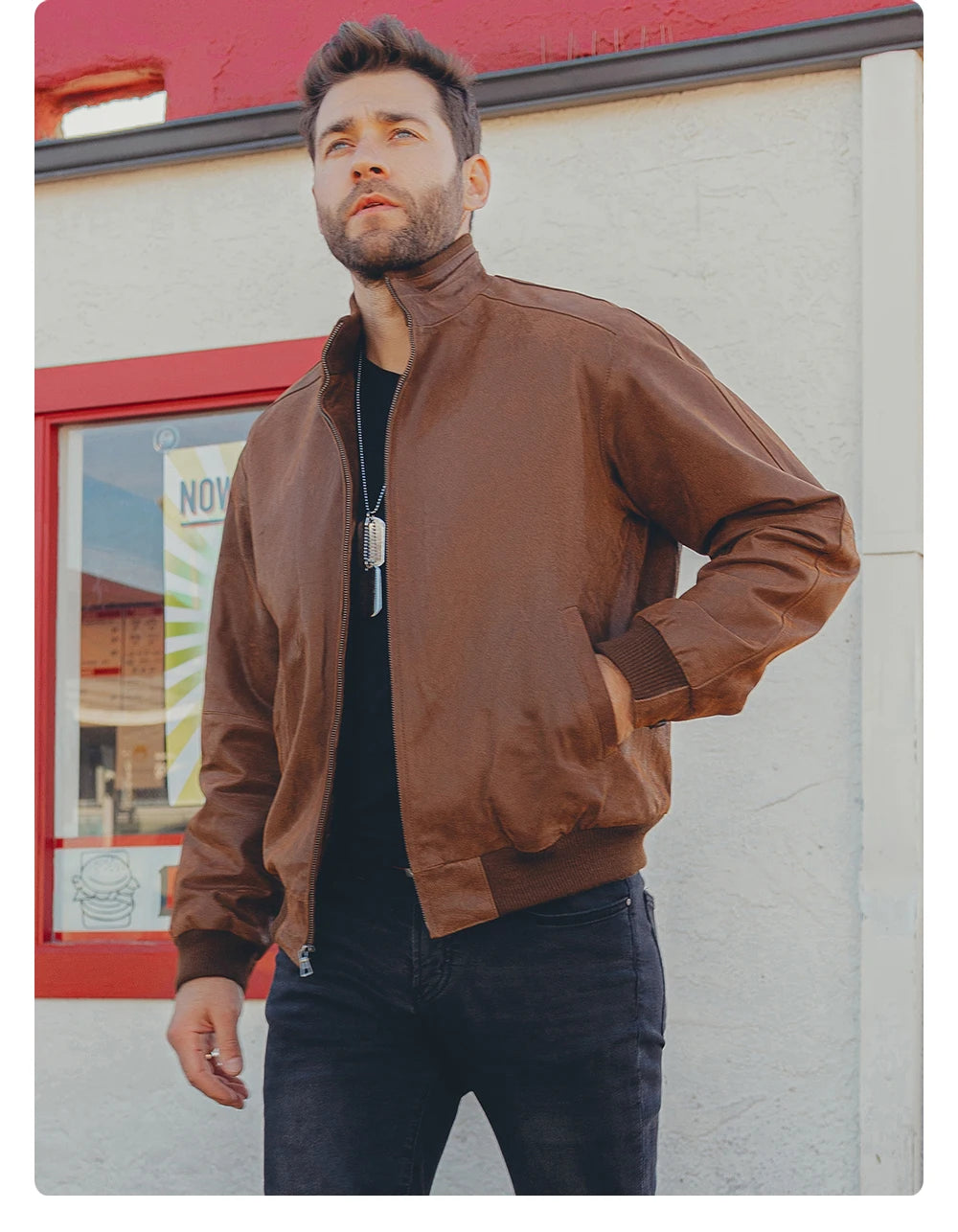 FLAVOR Men's Real Pigskin Leather Bomber Casual Jacket Stand Collar Leather Coat