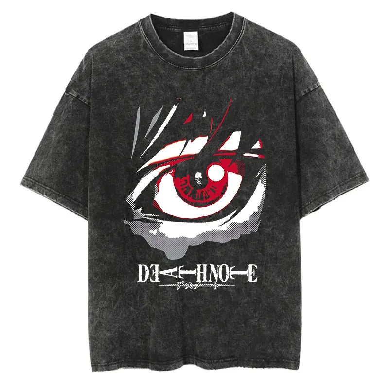 Harajuku Vintage Washed T-Shirt with Death Note Anime Graphic, Oversized Cotton Streetwear for Men and Women