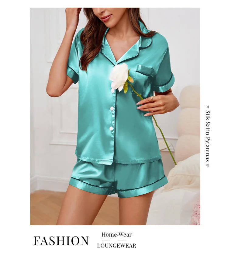 Women’s Satin Pajama Set – 2-Piece Button-Down Top & Shorts Sleepwear