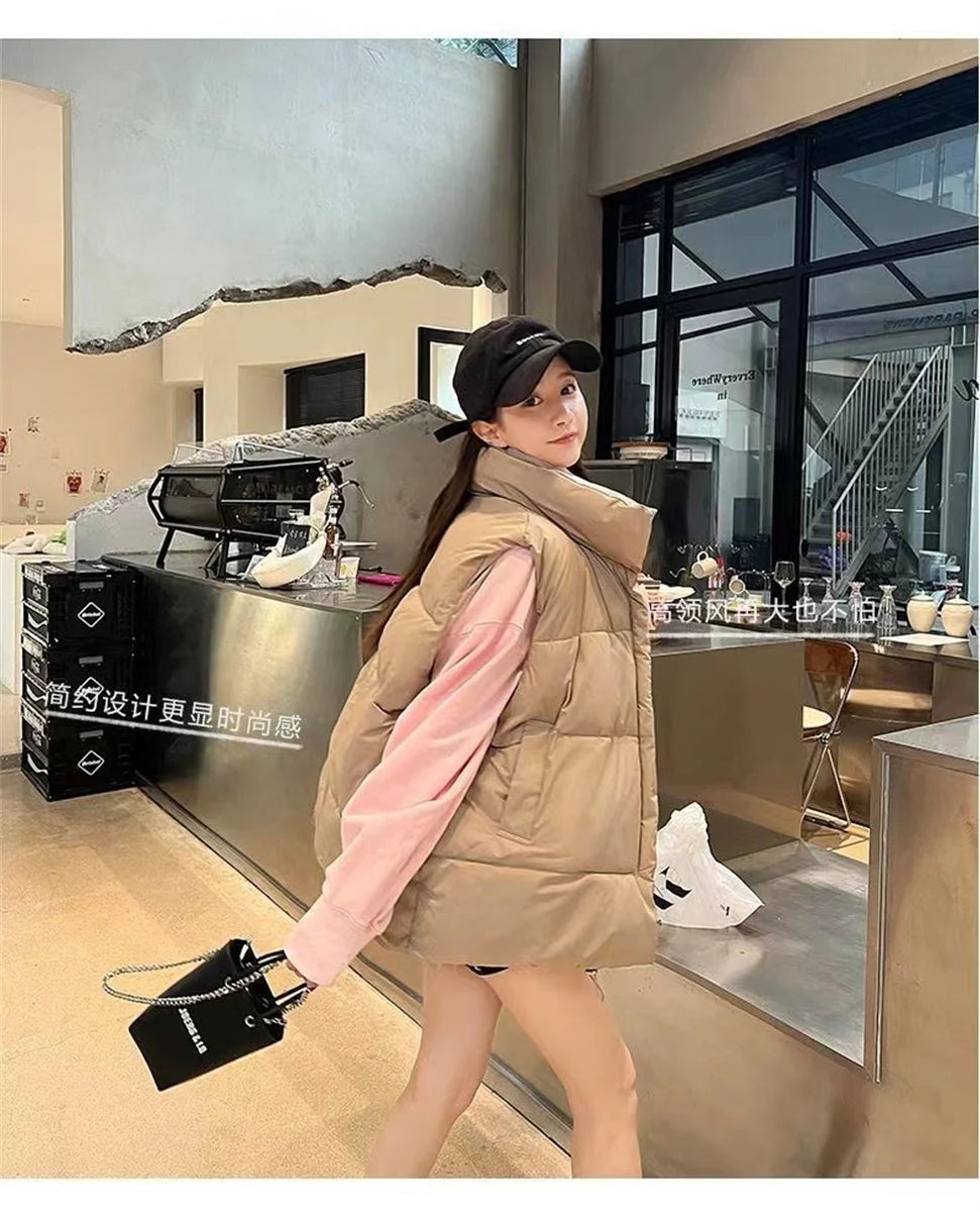 Women’s Autumn Stand Collar Sleeveless Down Vest with Belt