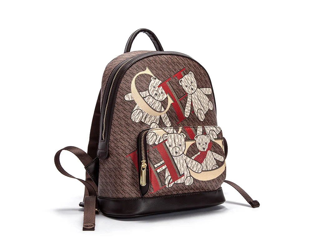 Alphabet Women's Backpack Large Capacity Design Luxury Brand Fashion Little Bear Cartoon Pattern