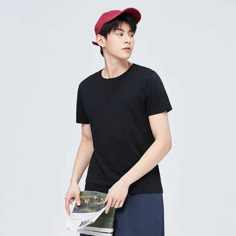 Men’s Summer Cotton O-Neck T-Shirt – Stretchy Solid Casual Tee