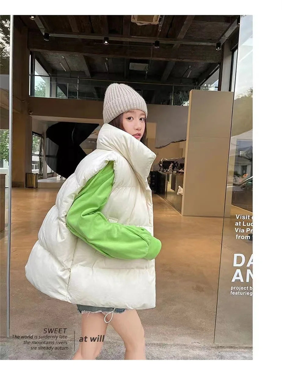 Women’s Autumn Stand Collar Sleeveless Down Vest with Belt