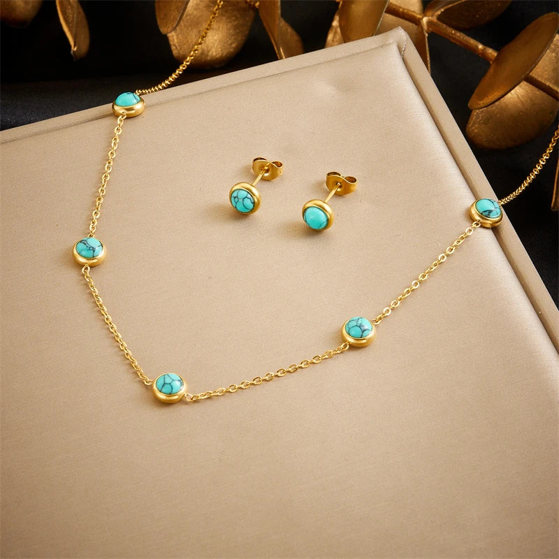 DIEYURO 316L Stainless Steel Jewelry Set – Turquoise Necklace, Bracelet & Earrings for Women