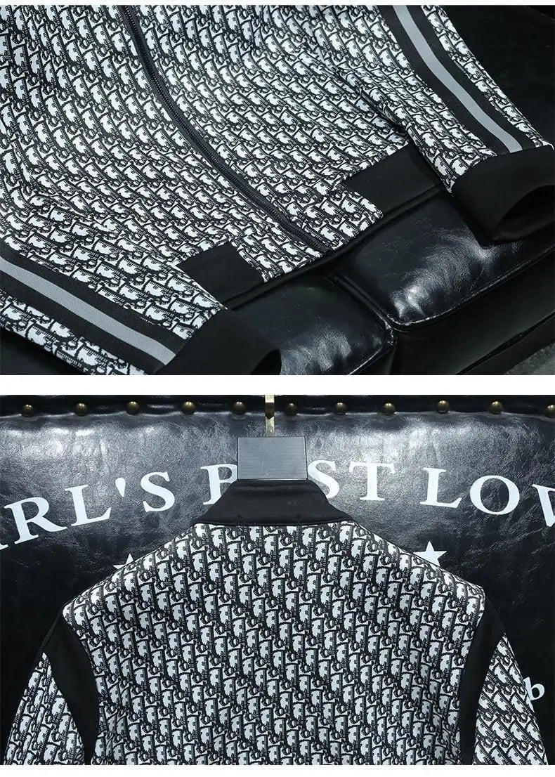 Fashion trend casual suit high-end men's long-sleeved splicing full print sports two-piece set