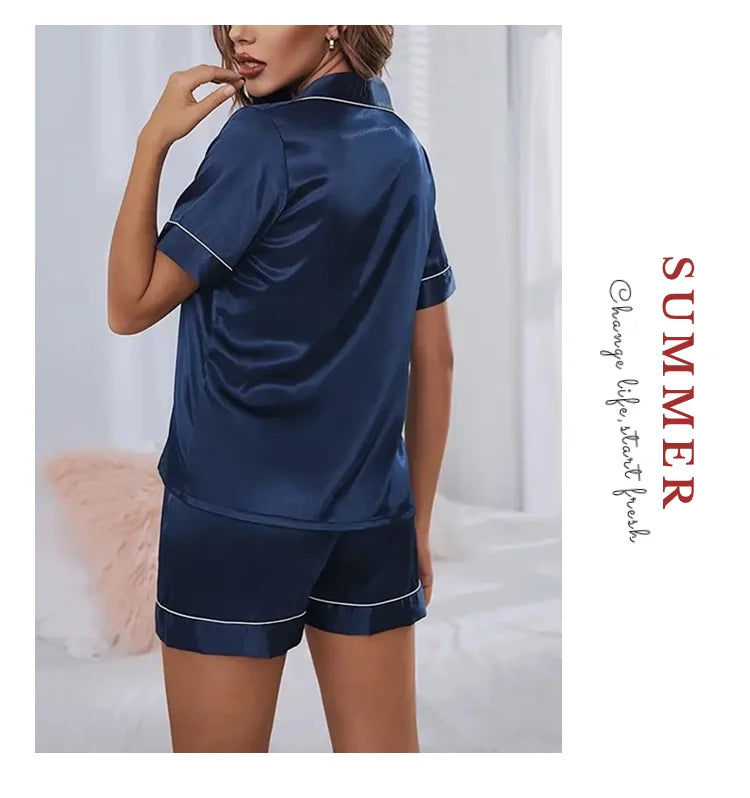 Women’s Satin Pajama Set – 2-Piece Button-Down Top & Shorts Sleepwear