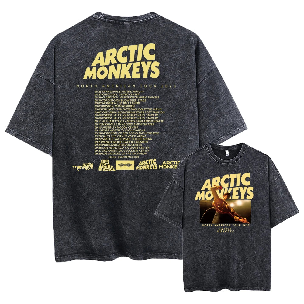 Here is a description based on your input:  Retro Arctic Monkeys Graphic T-Shirt, Vintage Washed, Oversized Fit, Y2K Style, Hip Hop Streetwear for Men