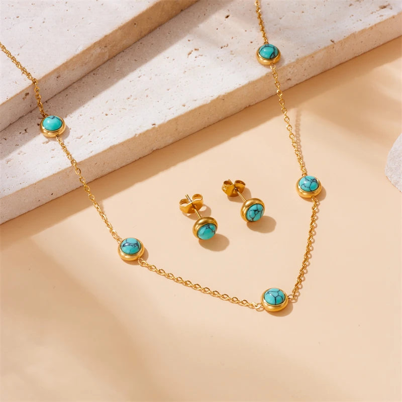 DIEYURO 316L Stainless Steel Jewelry Set – Turquoise Necklace, Bracelet & Earrings for Women