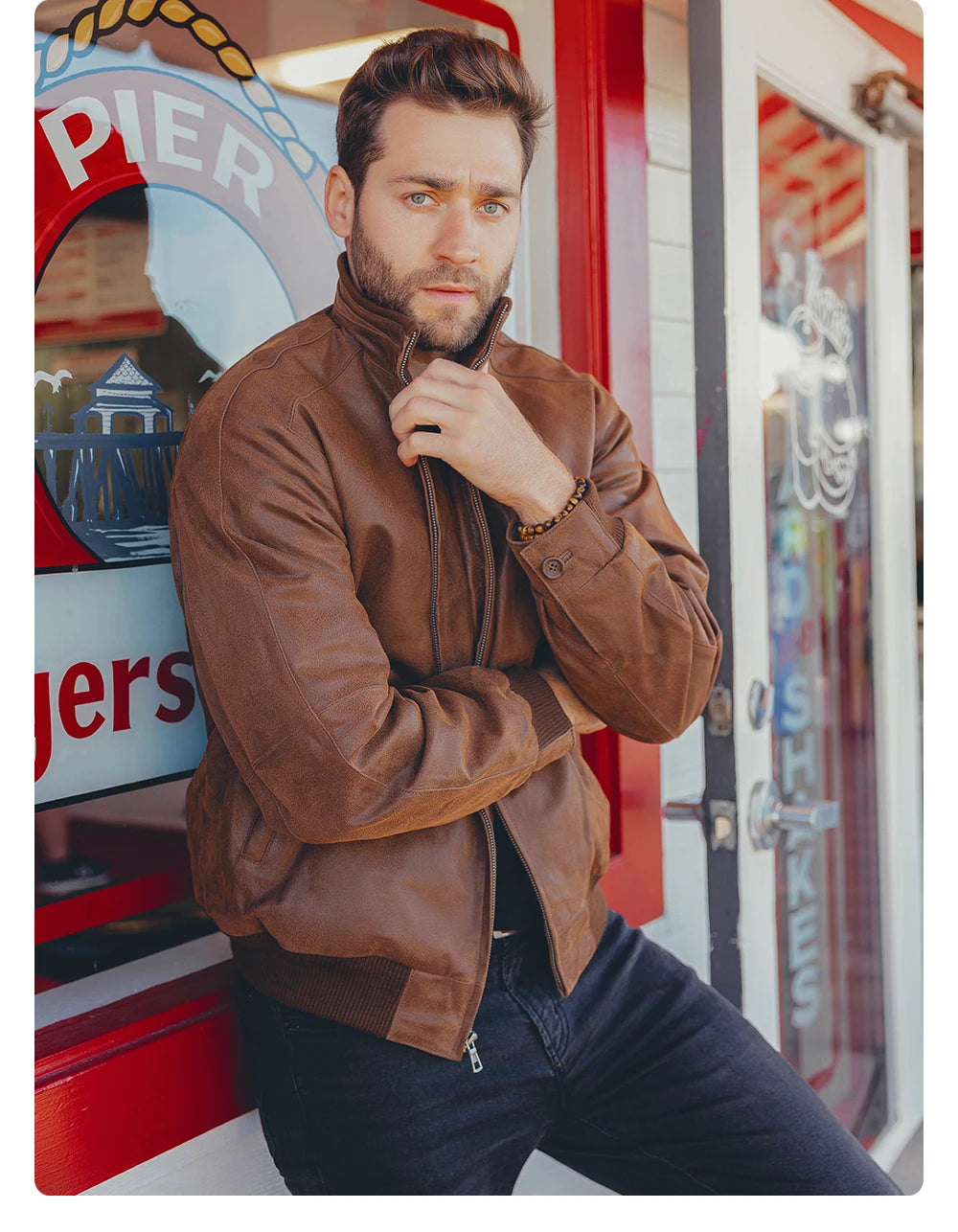 FLAVOR Men's Real Pigskin Leather Bomber Casual Jacket Stand Collar Leather Coat