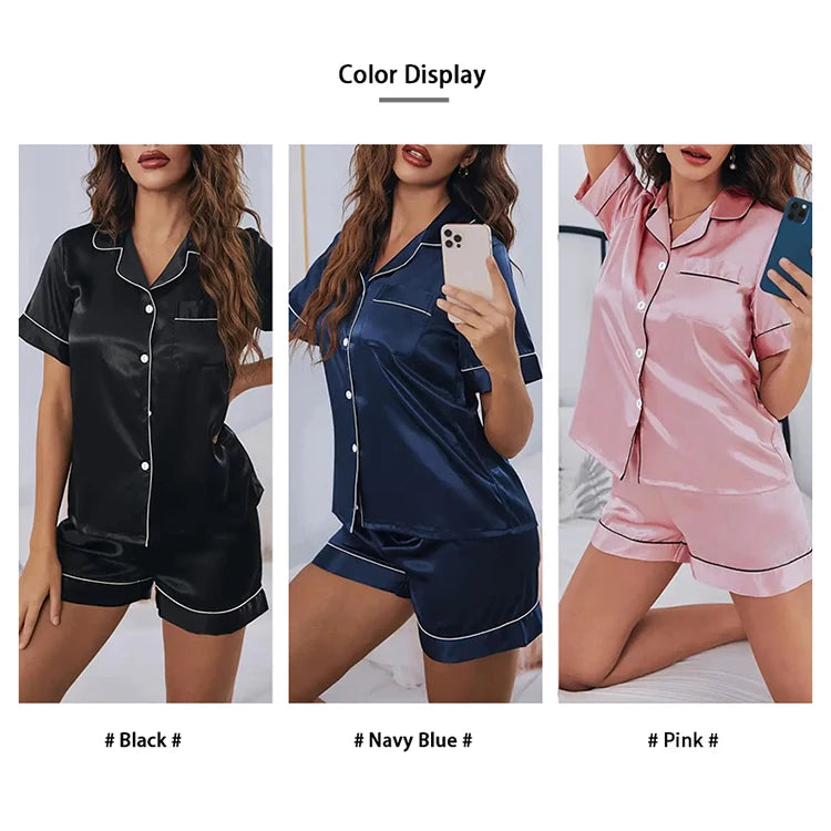 Women’s Satin Pajama Set – 2-Piece Button-Down Top & Shorts Sleepwear