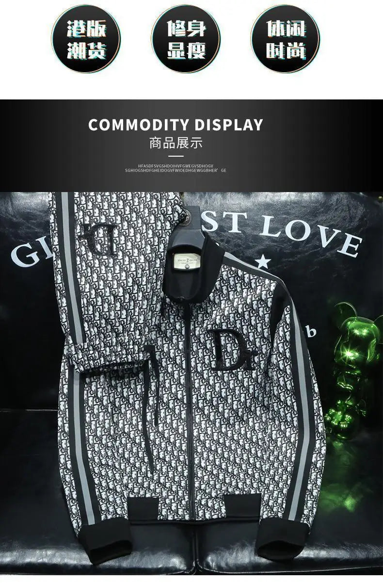 Fashion trend casual suit high-end men's long-sleeved splicing full print sports two-piece set