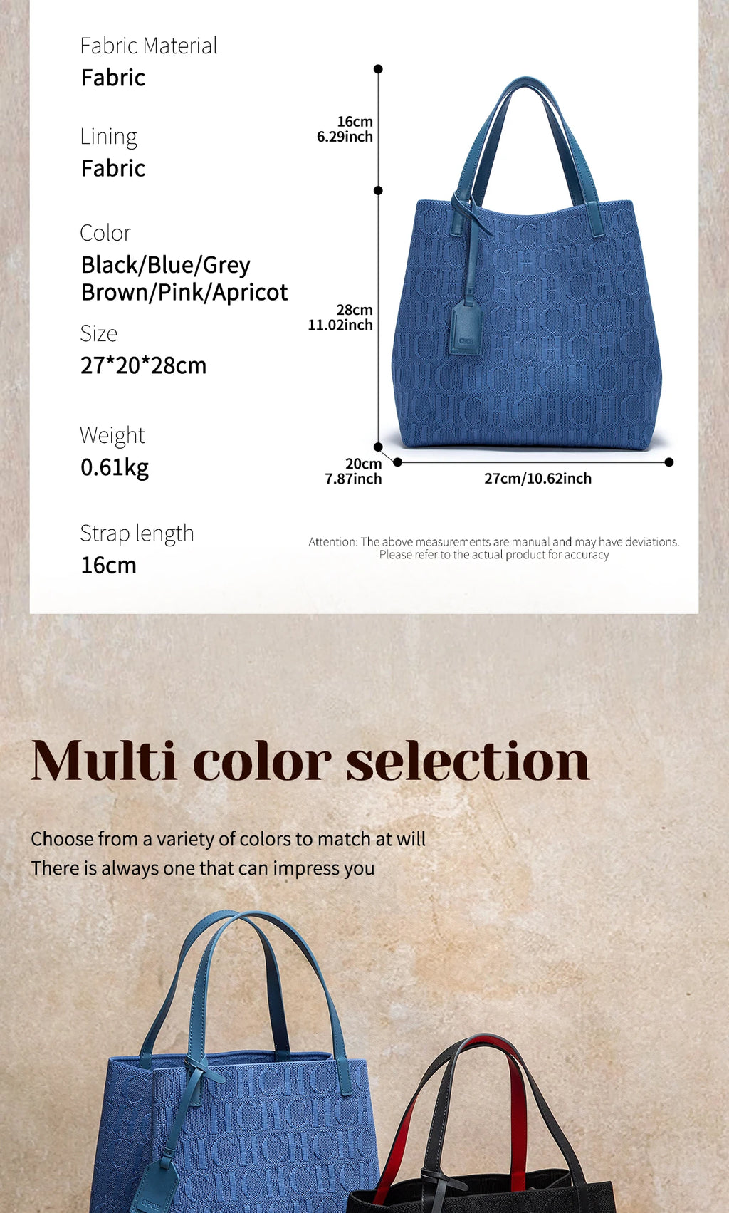 Tote Bag New Large Capacity Black Simple Knitted Shopping Bag 27*20*28cm