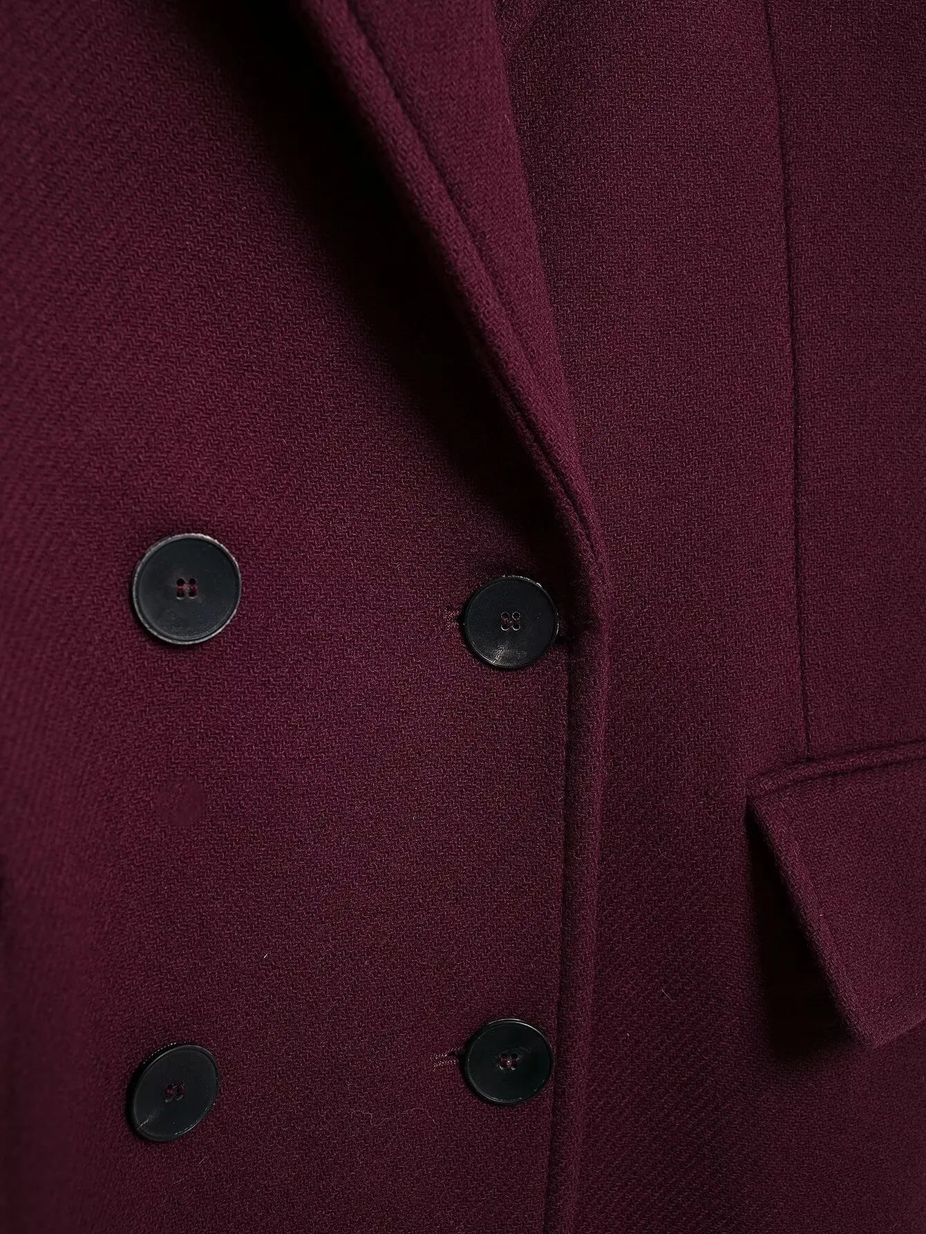 HH Women’s Burgundy Wool Coat – Double-Breasted, Long Sleeve Lapel Jacket