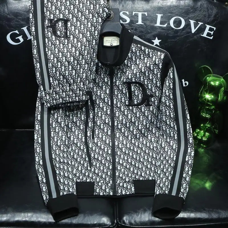 Fashion trend casual suit high-end men's long-sleeved splicing full print sports two-piece set