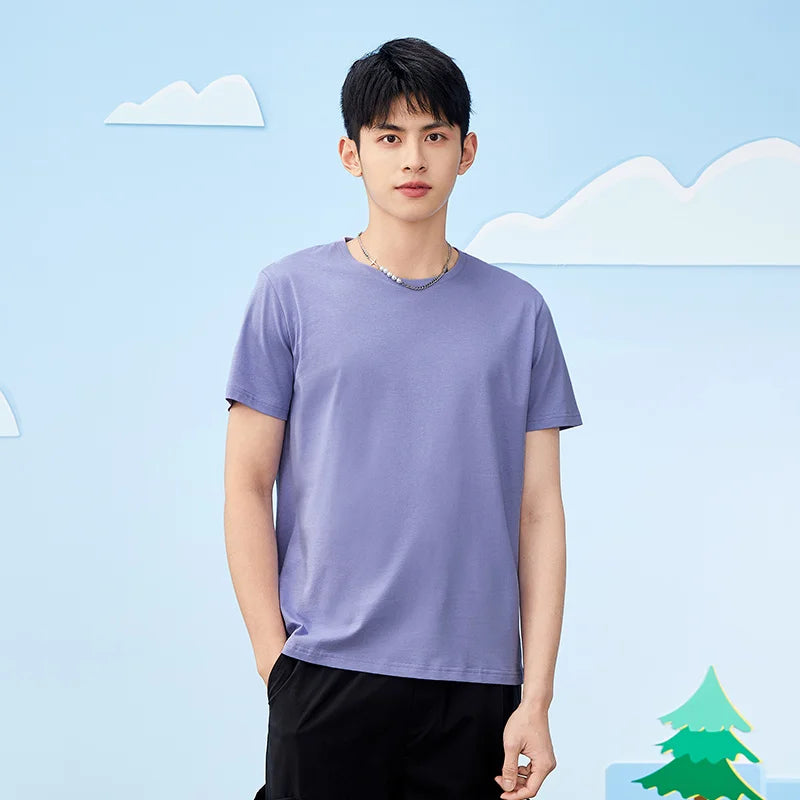 Men’s Summer Cotton O-Neck T-Shirt – Stretchy Solid Casual Tee