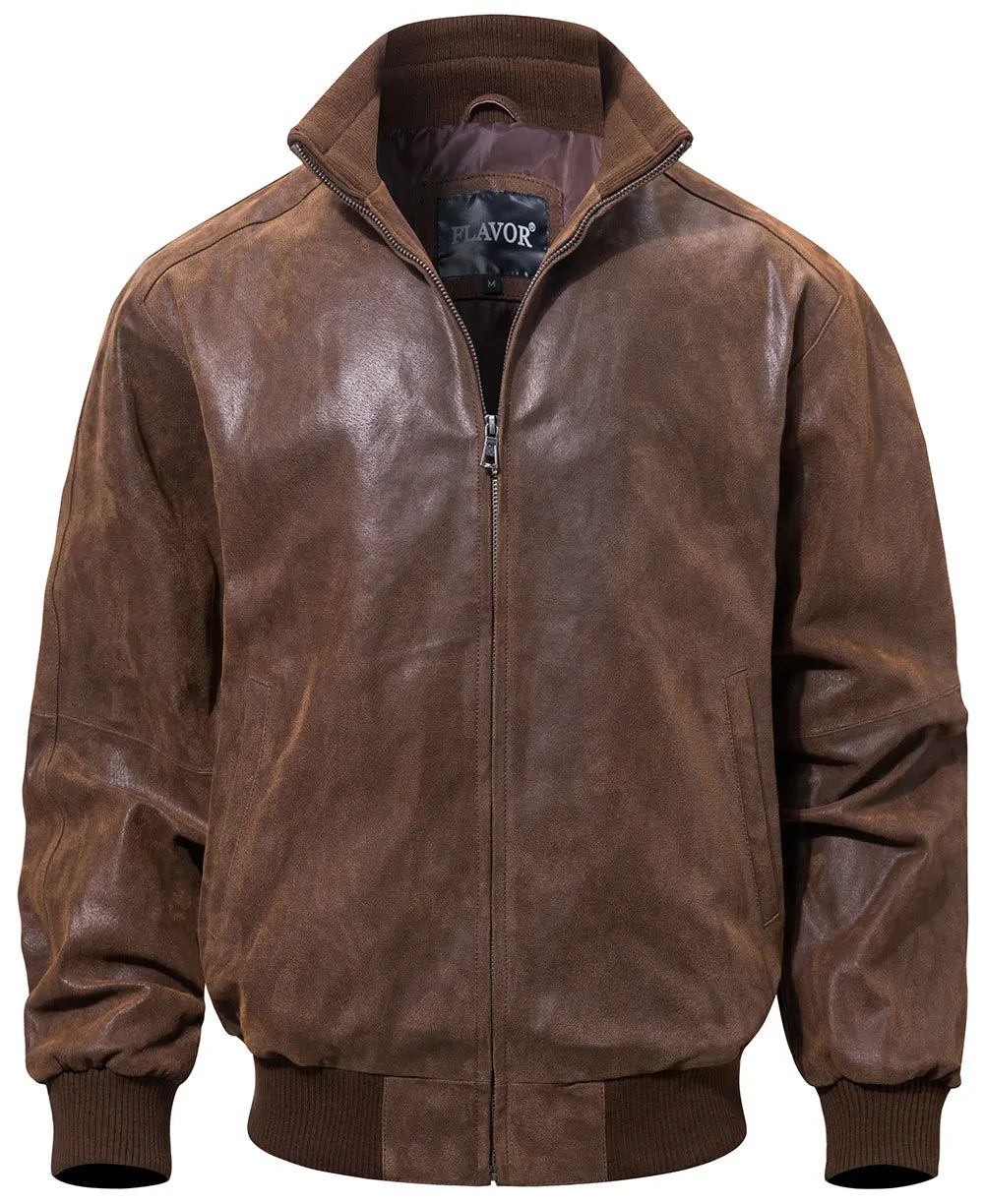 FLAVOR Men's Real Pigskin Leather Bomber Casual Jacket Stand Collar Leather Coat