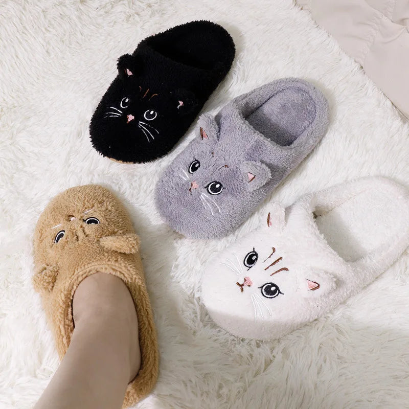 Cute Plush Cat Indoor Slippers – Women’s Non-Slip, Soft Sole, Warm Winter House Shoes