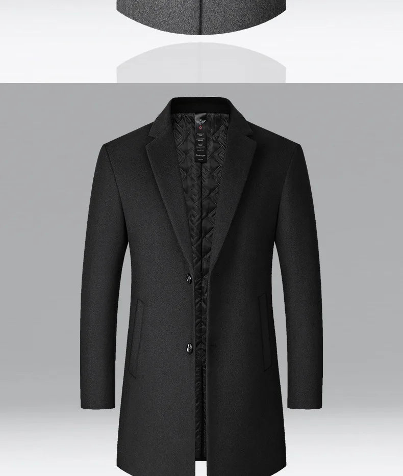 BROWON Men’s Wool Trench Coat – Long Solid Color Business Casual Windbreaker