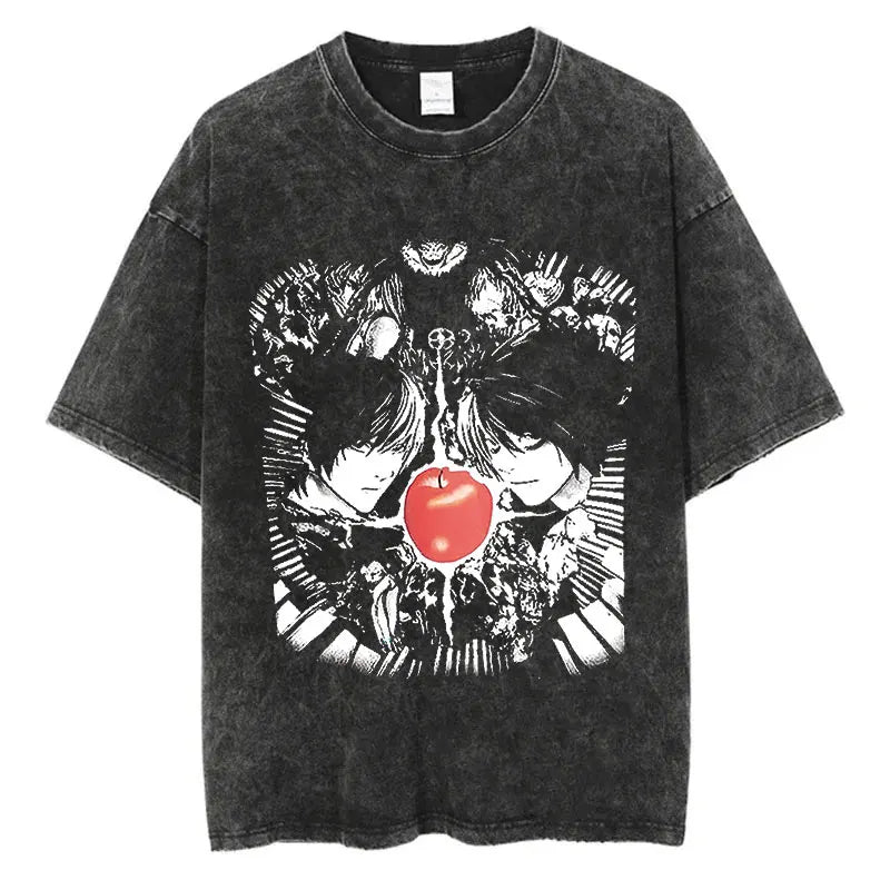 Harajuku Vintage Washed T-Shirt with Death Note Anime Graphic, Oversized Cotton Streetwear for Men and Women
