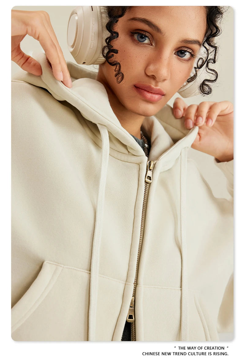Women’s Fleece Zip Hoodie – HY0448 355gsm, thick, cropped, hooded, loose fit