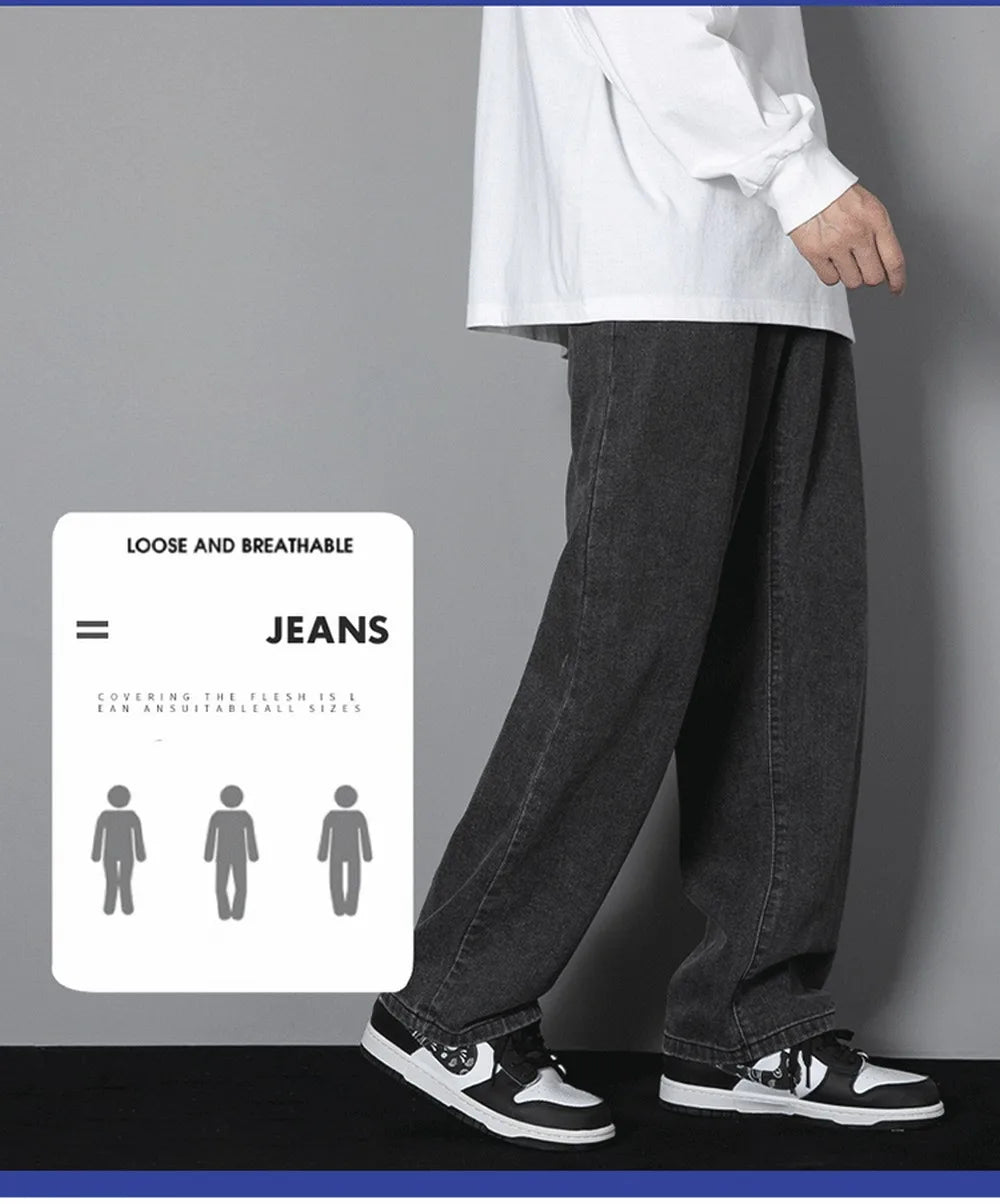 Korean Solid Colors Men's Casual Long Jeans Classic Man Four Seasons Straight Denim Wide-leg Pants Light Blue Grey Black 3XL
