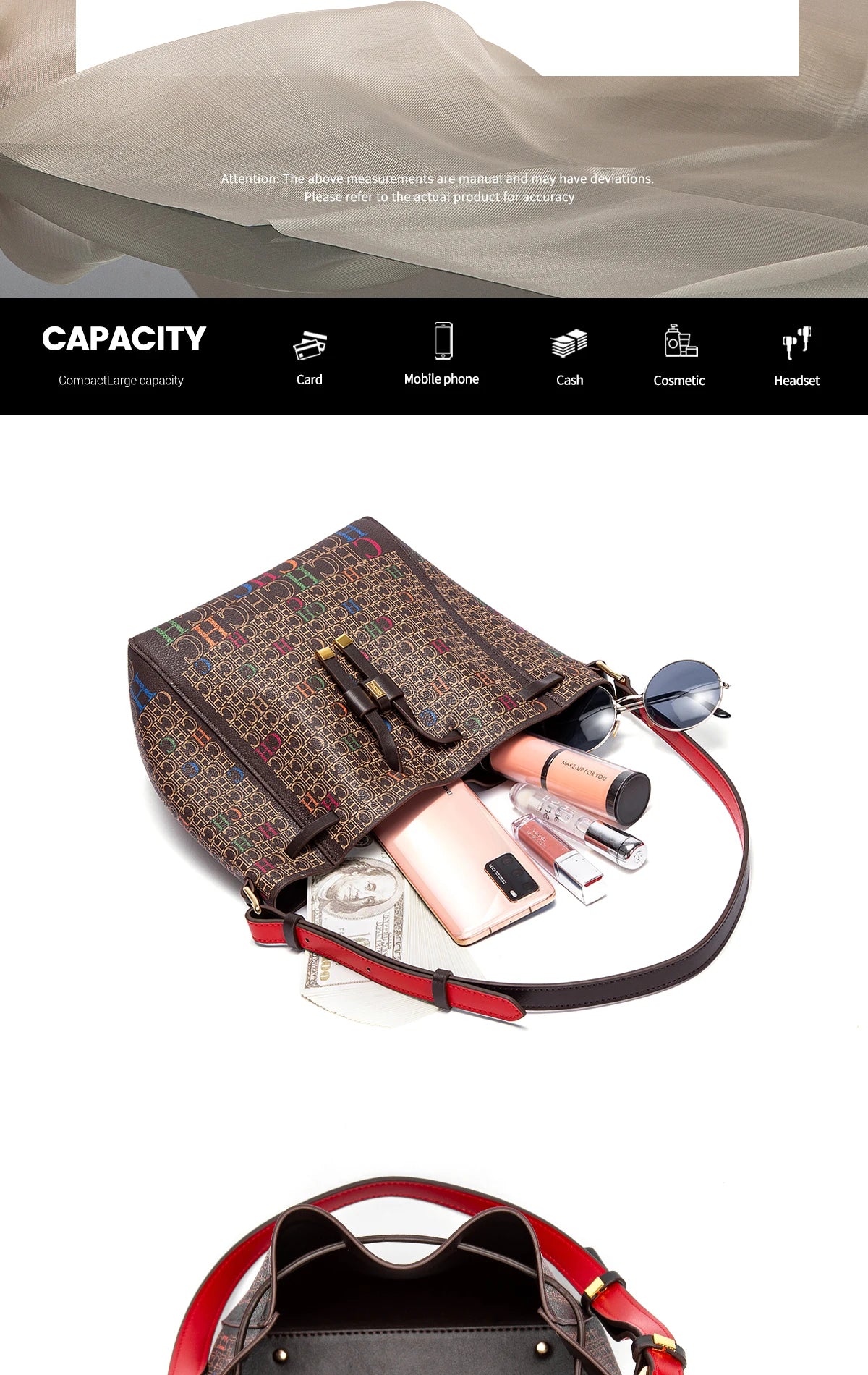 Women's Handbag New Drawstring Bucket Bag Coffee Color Letter Printed Wallet