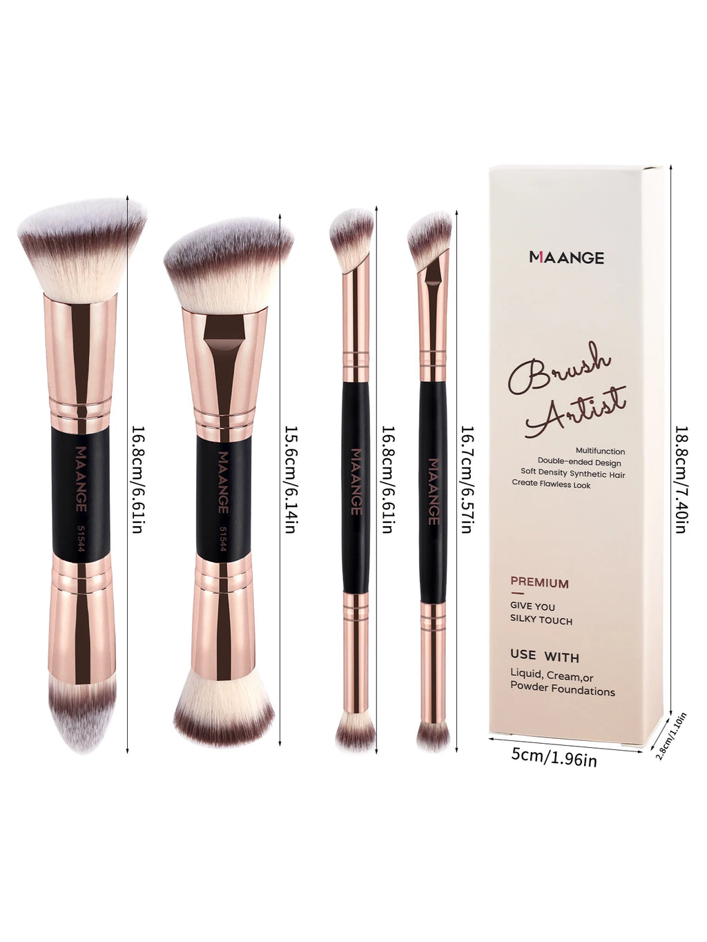 MAANGE 4-Piece Basic Makeup Brush Set – Dual-Ended Foundation, Powder & Eyeshadow with Case