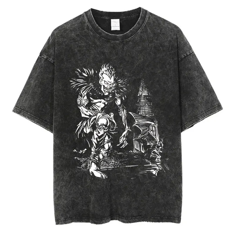 Harajuku Vintage Washed T-Shirt with Death Note Anime Graphic, Oversized Cotton Streetwear for Men and Women