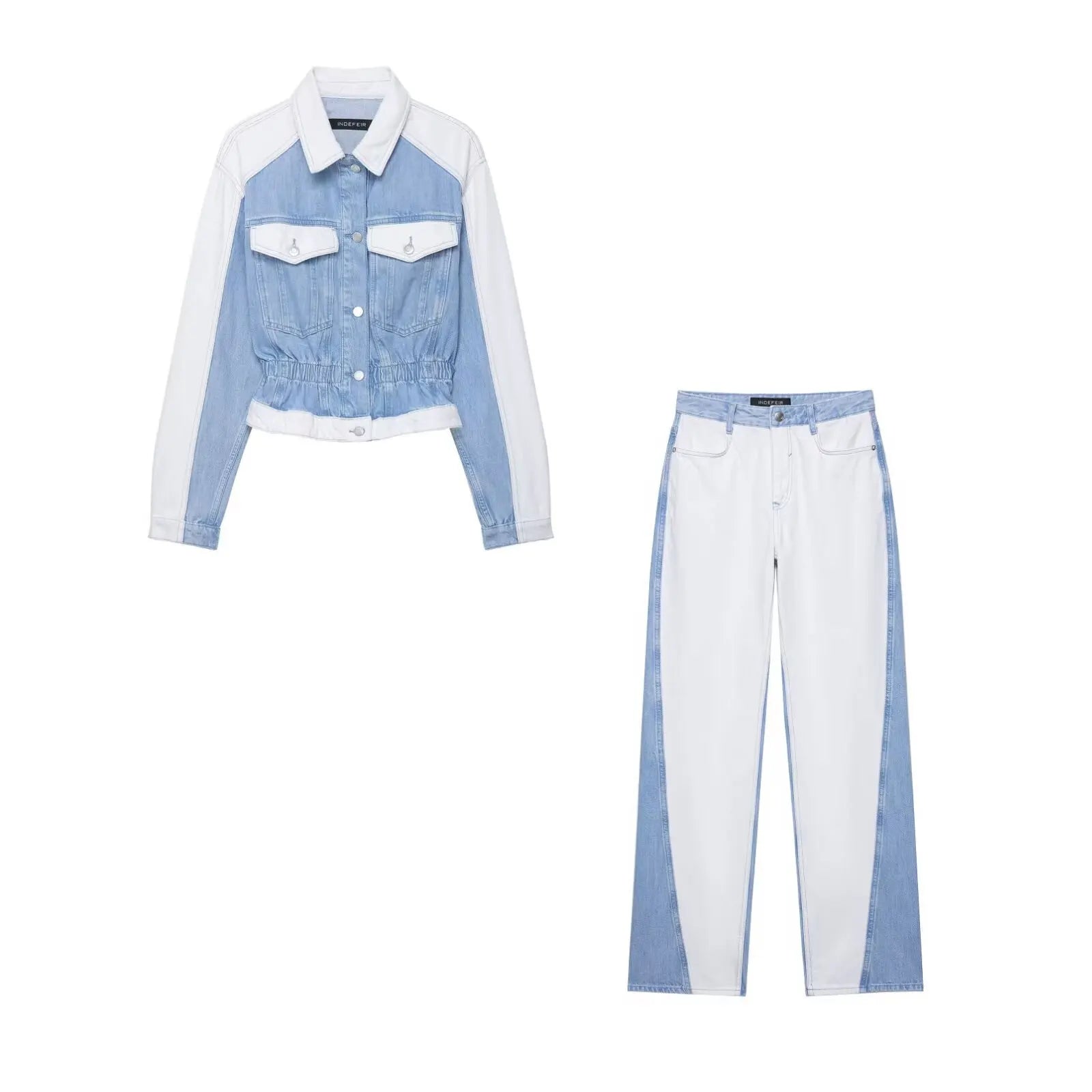 vintage denim women's outfit with a long-sleeve coat and wide-leg jeans