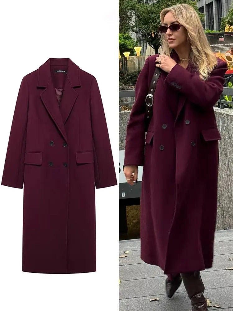 HH Women’s Burgundy Wool Coat – Double-Breasted, Long Sleeve Lapel Jacket