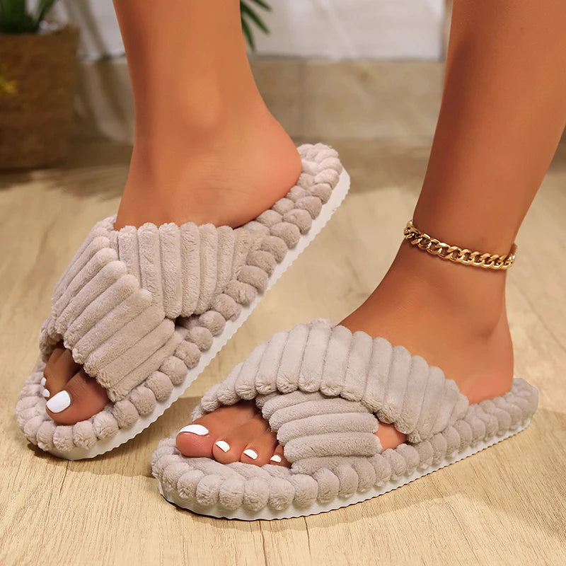 Women’s Fashion Corduroy Cross-Band Slippers – Warm Plush Indoor Slides for Autumn & Winter