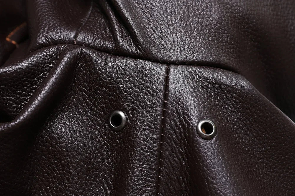 Men's A2-style genuine leather flight jacket made from cowhide and calfskin in brown