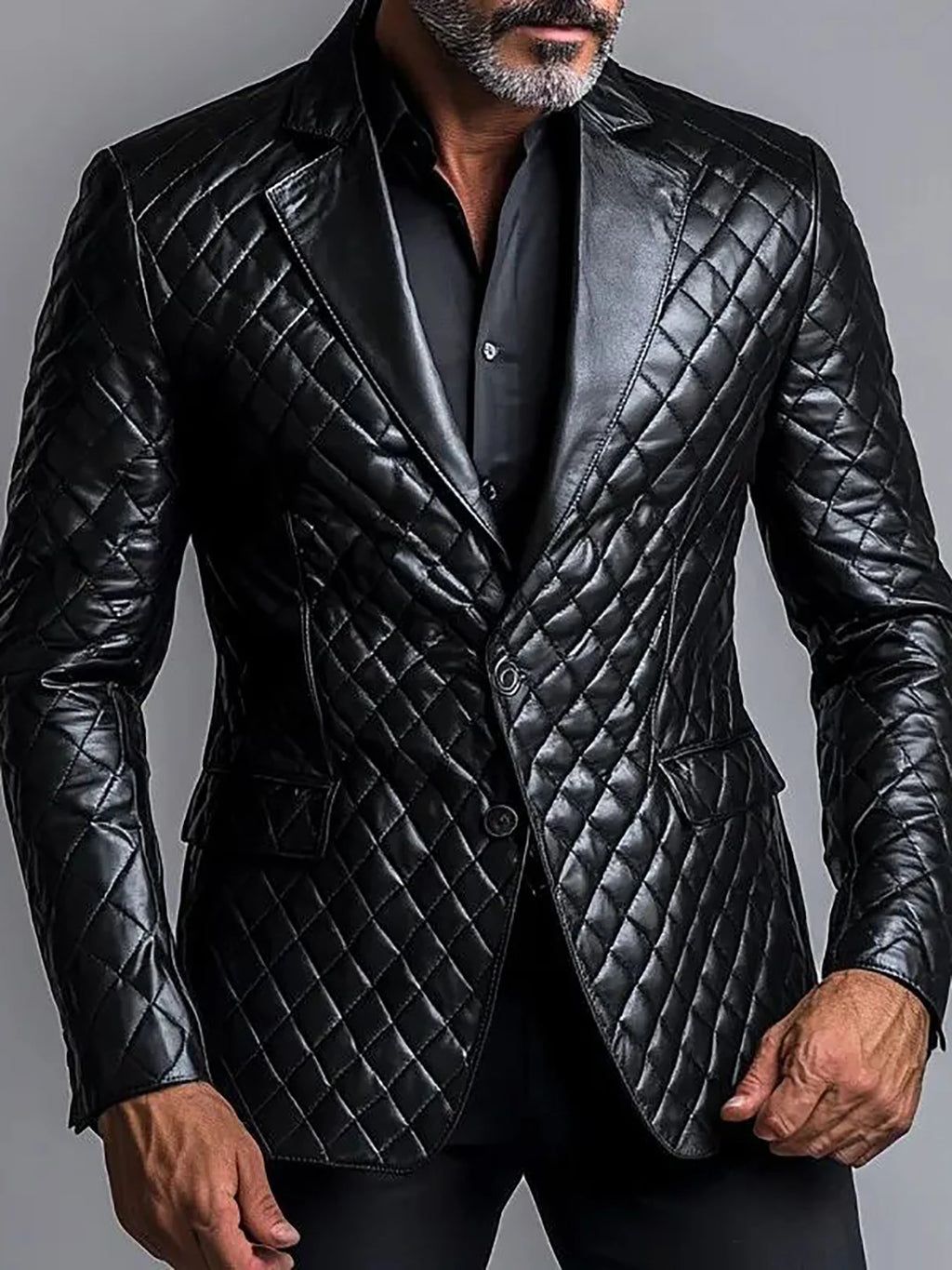 Men's PU leather blazer, single-breasted with lapel, suitable for business or casual wear in autumn