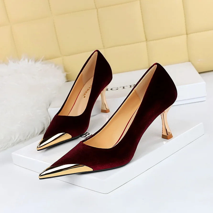 BIGTREE Velvet Wine Glass Heels – Sexy Pointed Party Pumps for Women