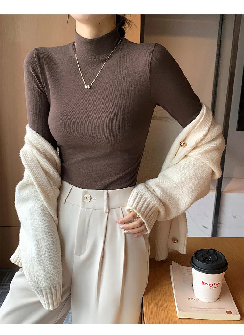 Women's knitted half-turtleneck sweater, slim fit, long sleeves, casual thermal knit top, Korean fashion