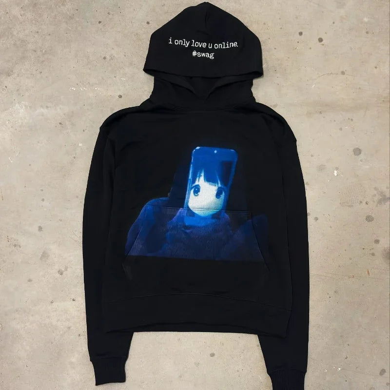 Men's Retro Zipper Hoodie with Blue Stripes and Plaid, 90s Hip Hop Style, Loose Gray Cotton Sweatshirt