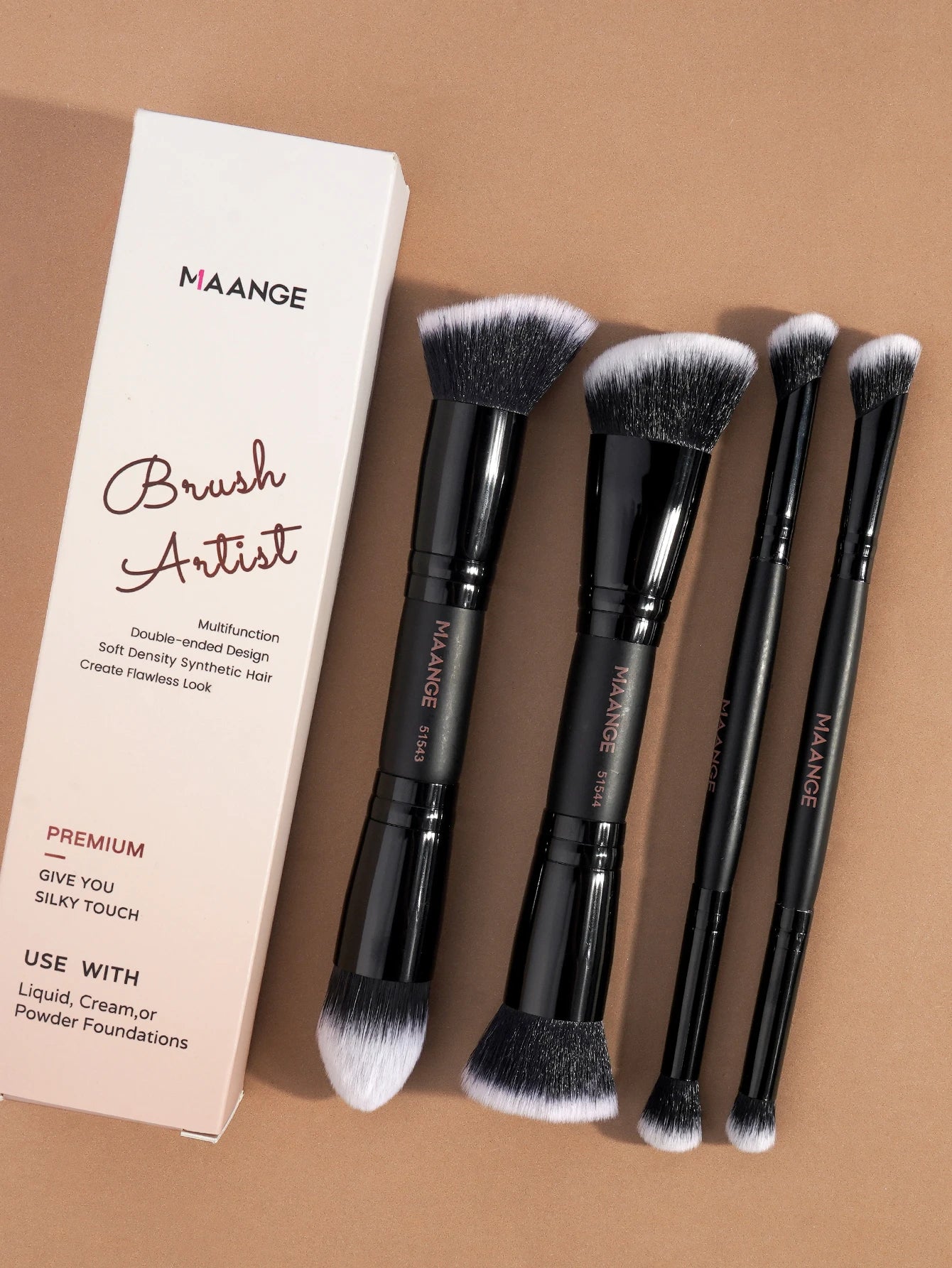 MAANGE 4-Piece Basic Makeup Brush Set – Dual-Ended Foundation, Powder & Eyeshadow with Case