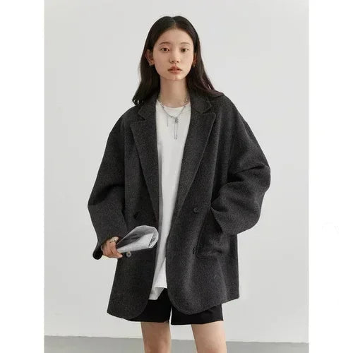 Women’s Double-Breasted Wool Coat – Loose Retro Office Style